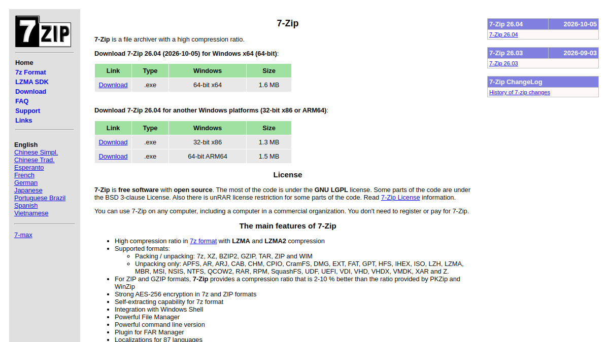 7-Zip 网站预览截图